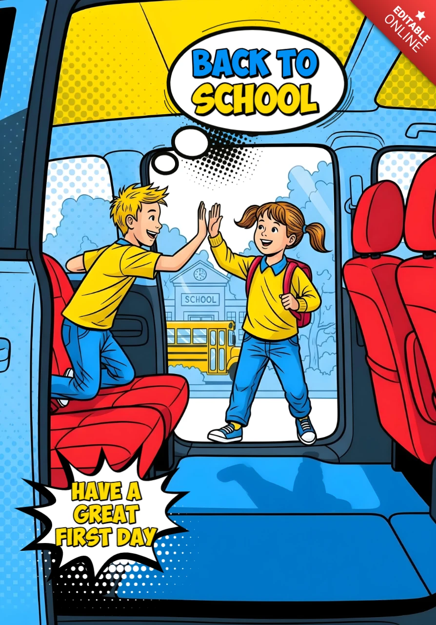 Volta às aulas, alunos se cumprimentando dentro do ônibus escolar com vista do campus, modelo de design de cartaz.