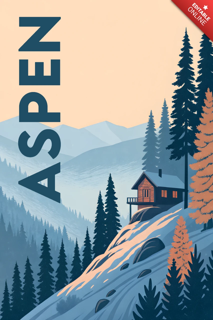 Cabane de montagne dans les aspens illustration pour modèle d'affiches de voyage imprimables hivernales