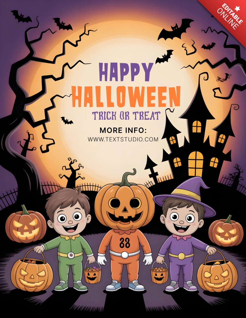 Convite de Halloween para desfile de travessuras ou gostosuras com lua cheia, morcegos voadores e design de decoração festiva para panfletos festivos.