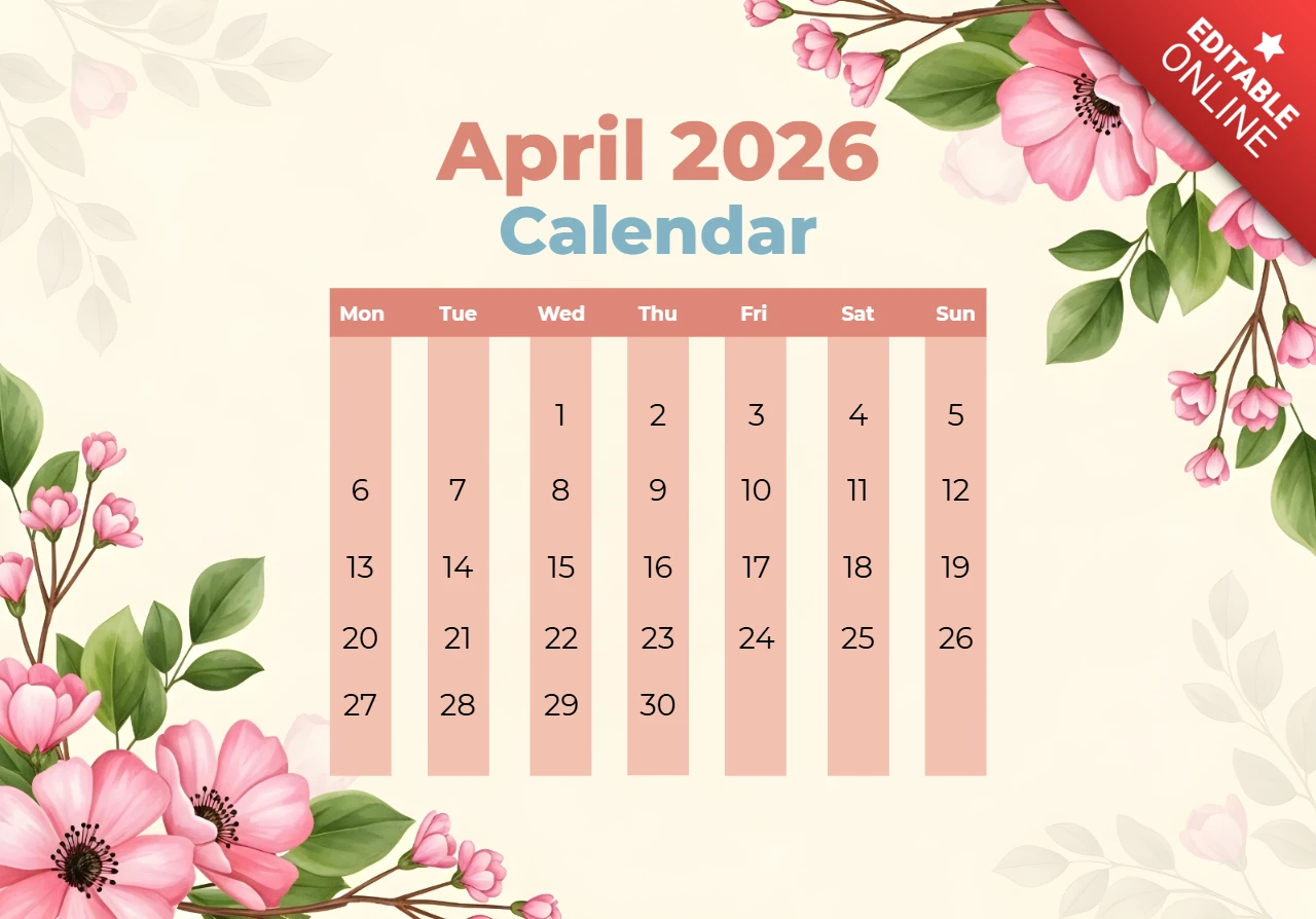 Nisan 2026 takvim posteri çiçekli kenar, pembe çiçekler, yeşil yapraklar ve neşeli mevsim tasarımı ile