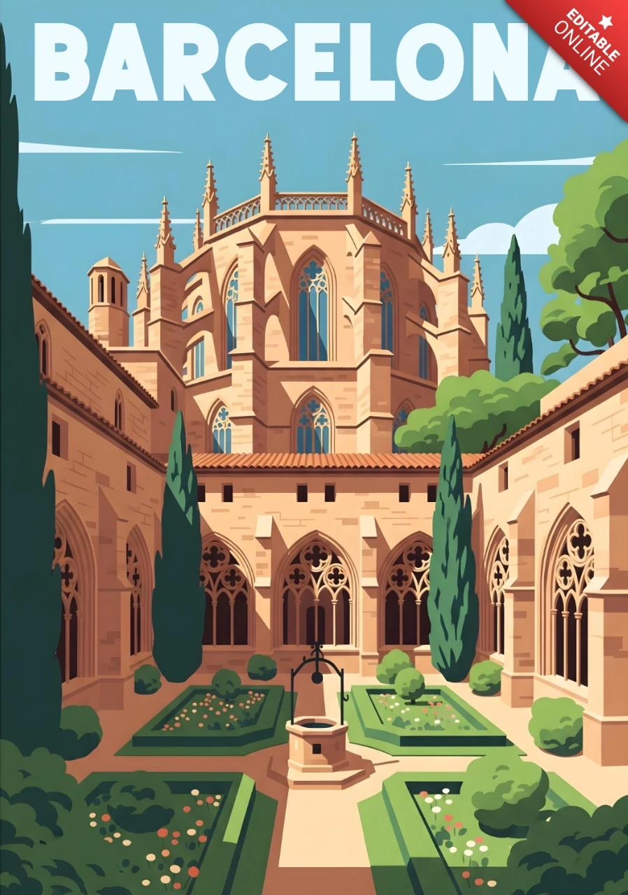 Barcelona Travel Art Gothic Cathedral & Courtyard Garden Illustration Posters Design Template