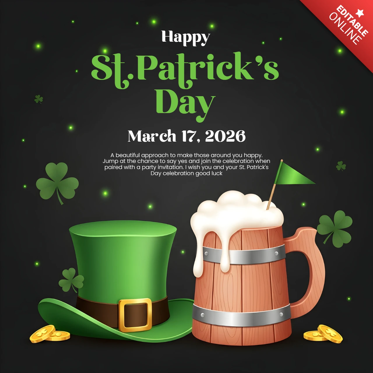 St. Patrick's Day Celebration Design Template with Green Hat and Beer Mug for Party Invitations