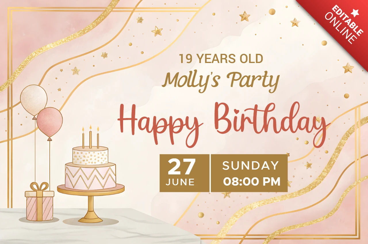 Elegant Birthday Party Invitation Template - Soft Pastel Design for 19th Celebration