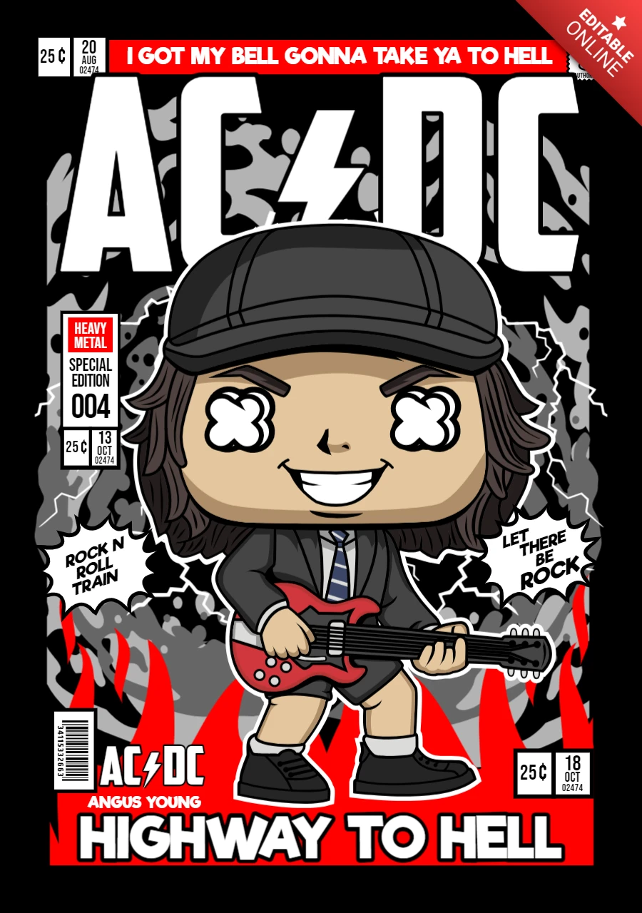 Bambiha angus young acdc personaje de dibujos animados plantilla de diseño de portada de revista