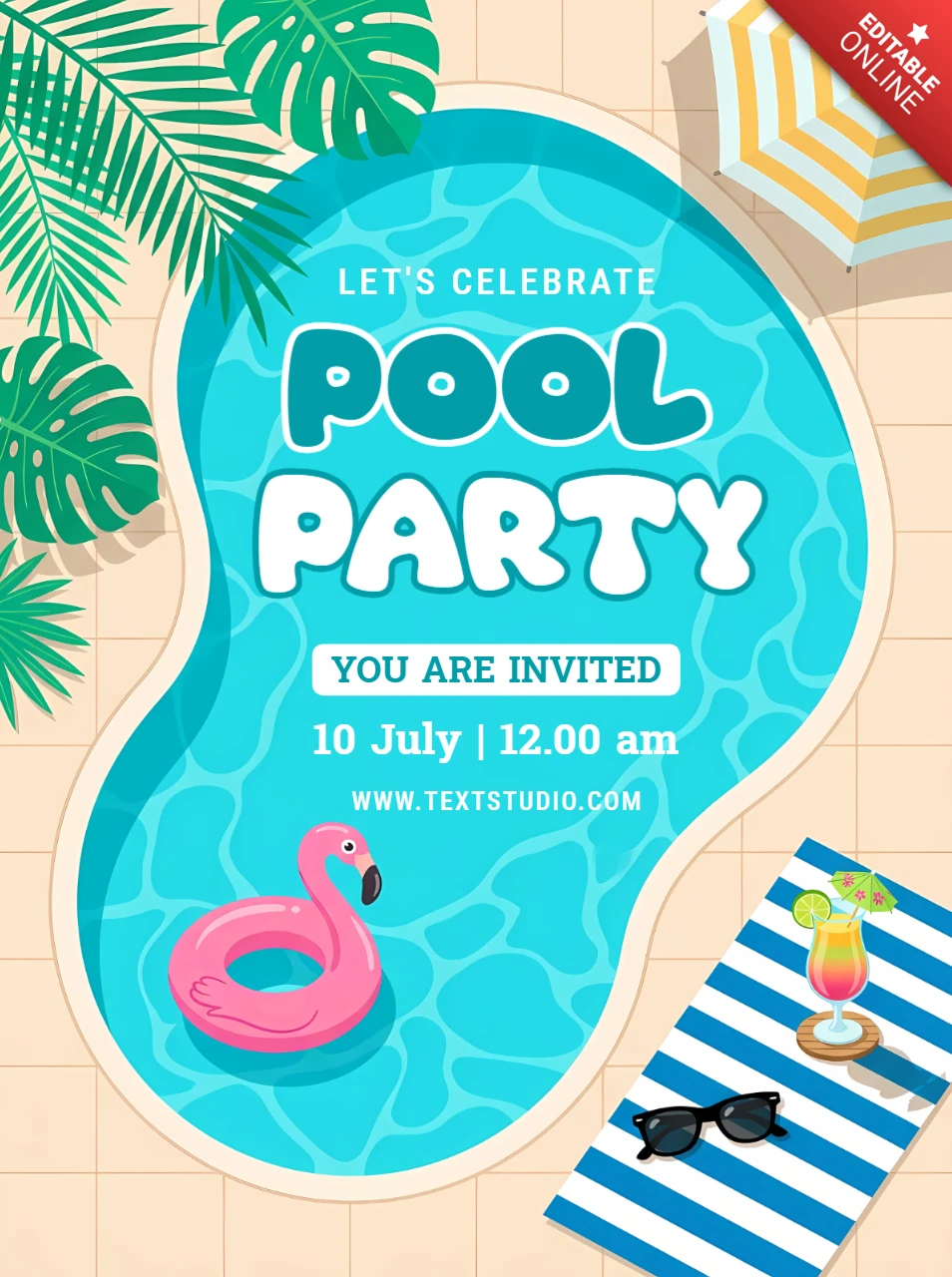 Invitación a fiesta de piscina de verano con flotador de flamenco y elementos tropicales de playa