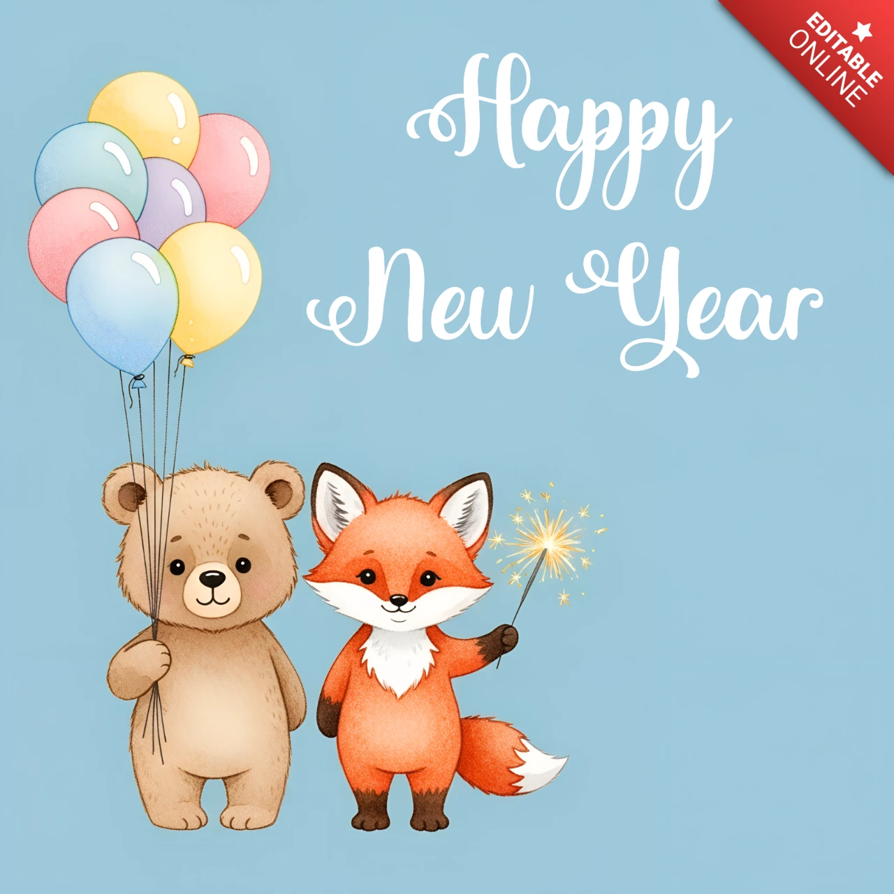 Neujahrsdesignvorlage mit süßem Bären und Fuchs für Grußkarten