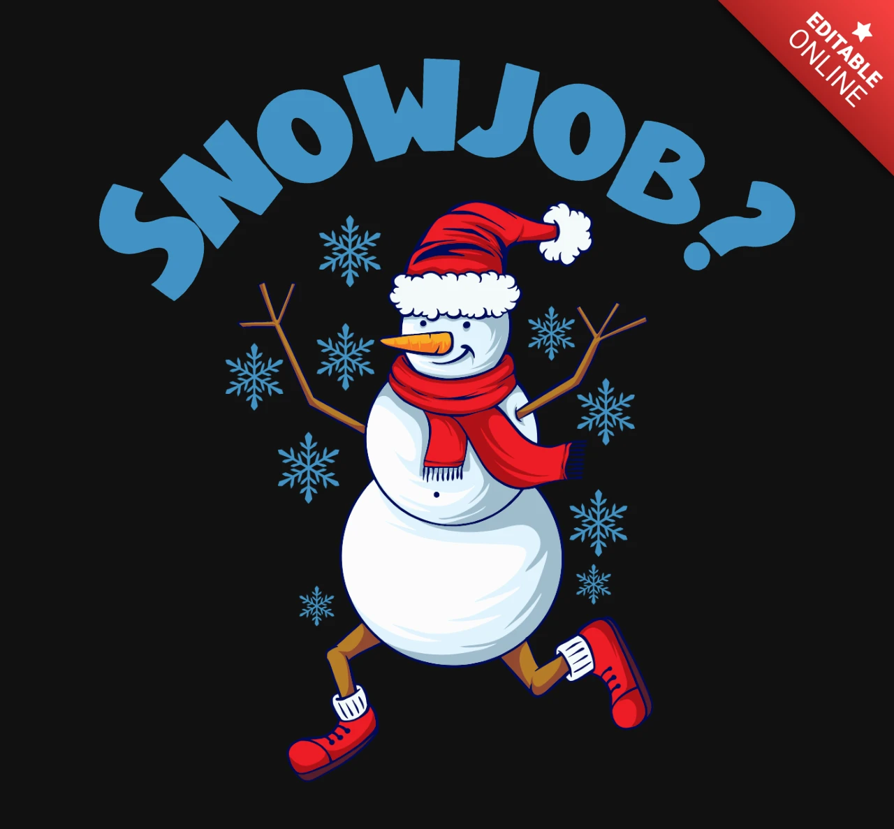Design de camiseta com um boneco de neve inusitado, chapéu de papai noel, tênis e a frase divertida "trabalho de neve?"