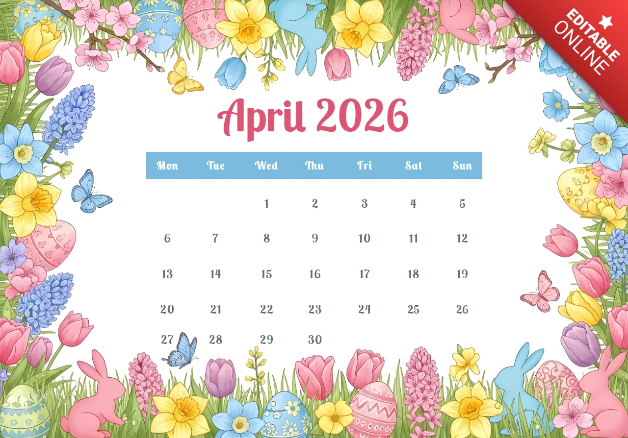 April 2026 Calendar Poster — Easter Celebration with Rabbits, Eggs, Tulips, Daffodils, and Decorative Border
