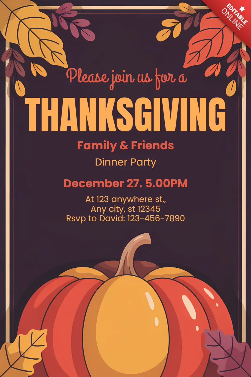 Plantilla de invitación para fiesta de Acción de Gracias con diseño de calabaza y hojas de otoño.