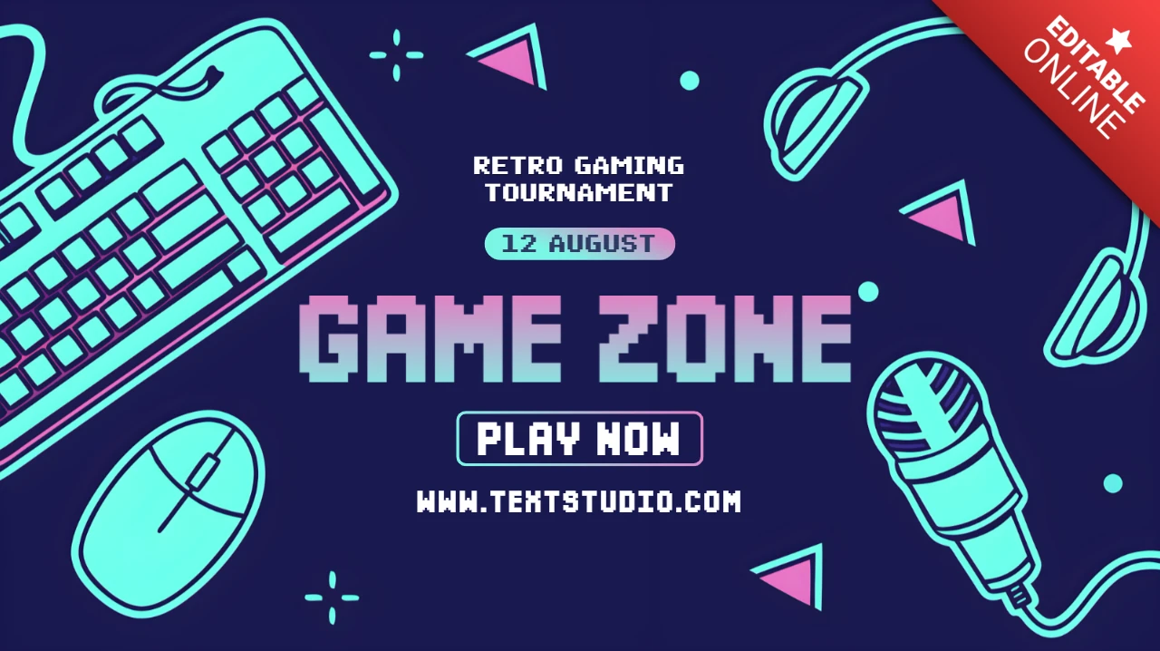 Template de torneio de jogos retro com design de teclado e microfone para promoção de eventos