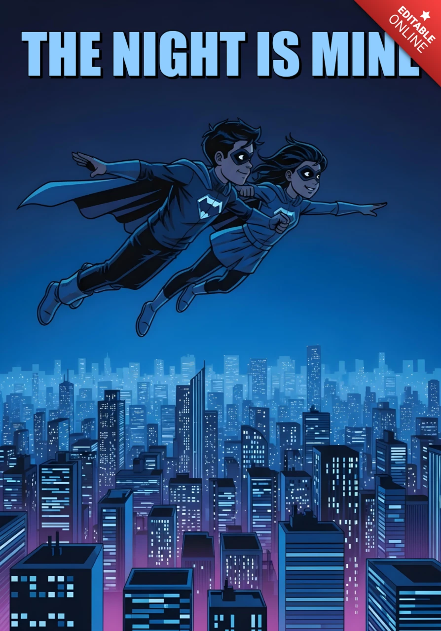 The Night Is Mine Flying Superheroes Over City Lights with Bold Comic Style Poster Design Template