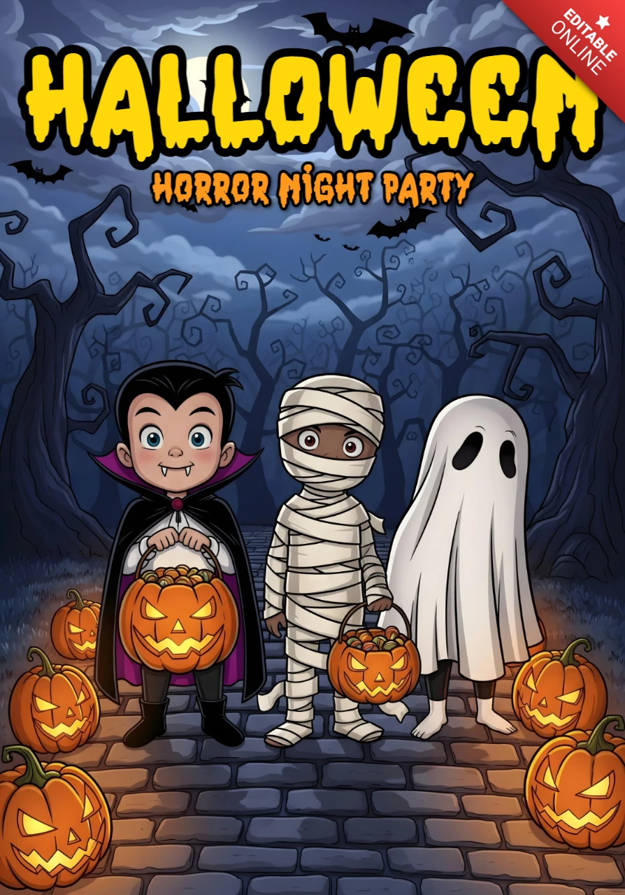 Défilé nocturne effrayant avec des enfants en costumes et décorations de citrouilles lumineuses, modèle de design d'Halloween effrayant pour des flyers festifs.