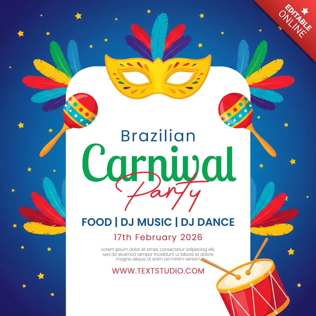 Brazilian Carnival Party Poster Colorful Mask, Maracas, Drum & Feathers on Starry Blue Background