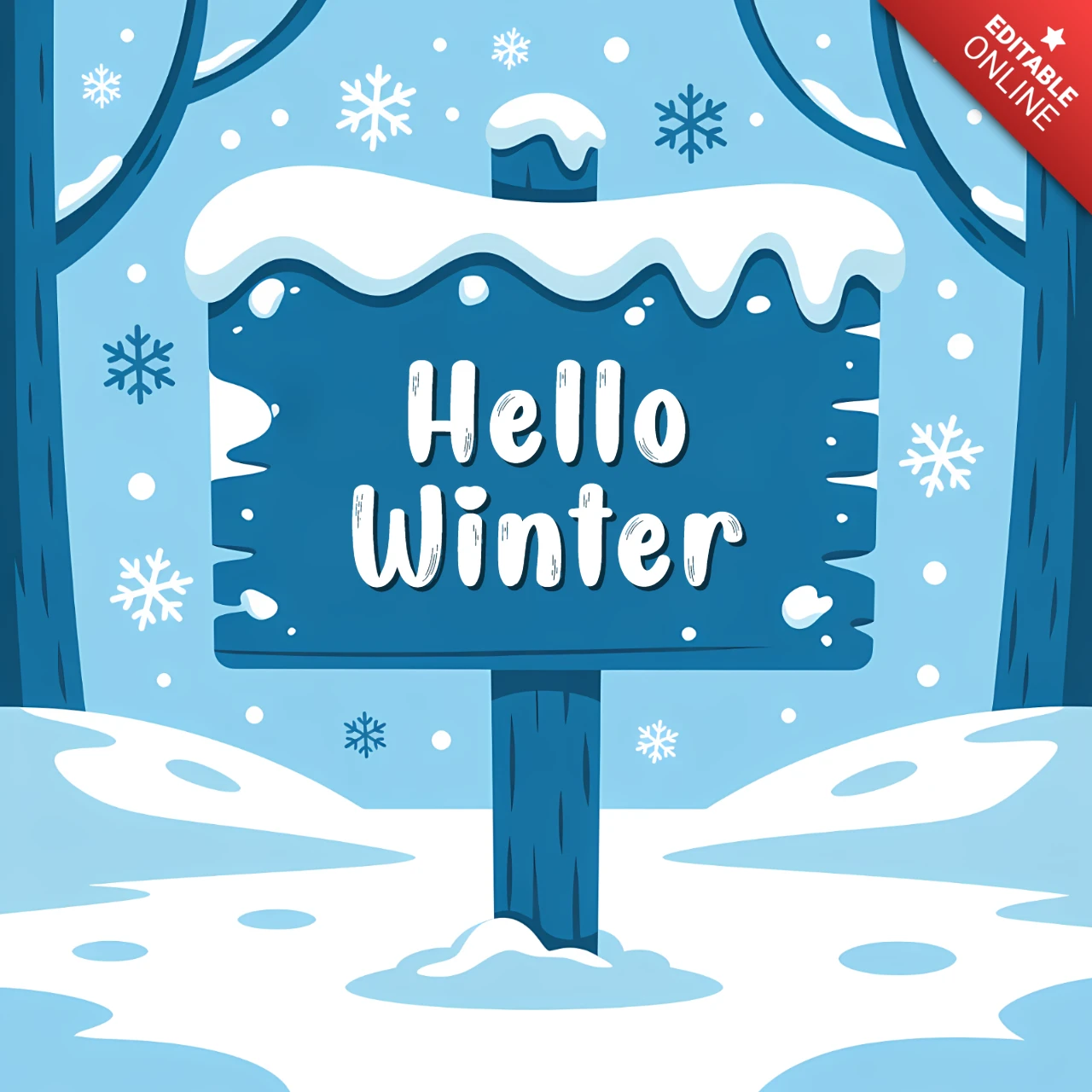 Winterwunderland-Designvorlage für Grußkarten mit einem verschneiten Schild