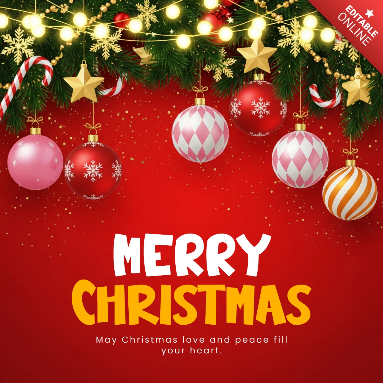 Red Background with Garland of Ornaments, Candy Canes, and Lights Framing Holiday Message Christmas Greeting Card Design Template