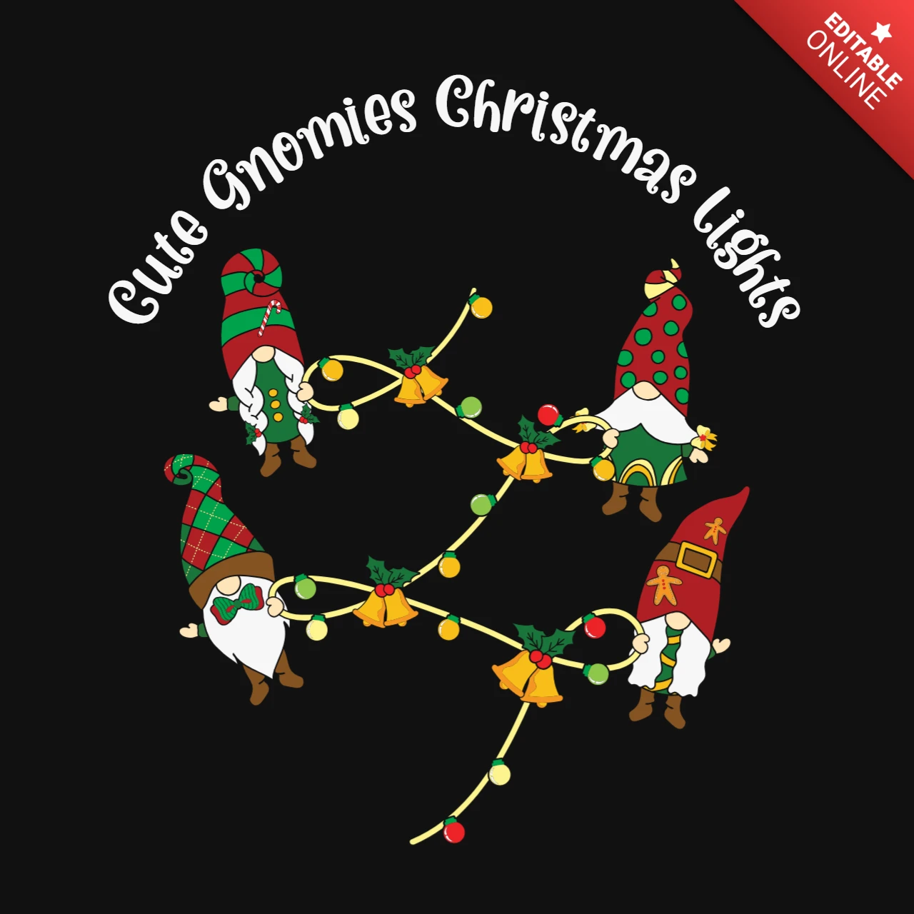 Schattige gnomies kerstverlichting t-shirt ontwerpsjabloon