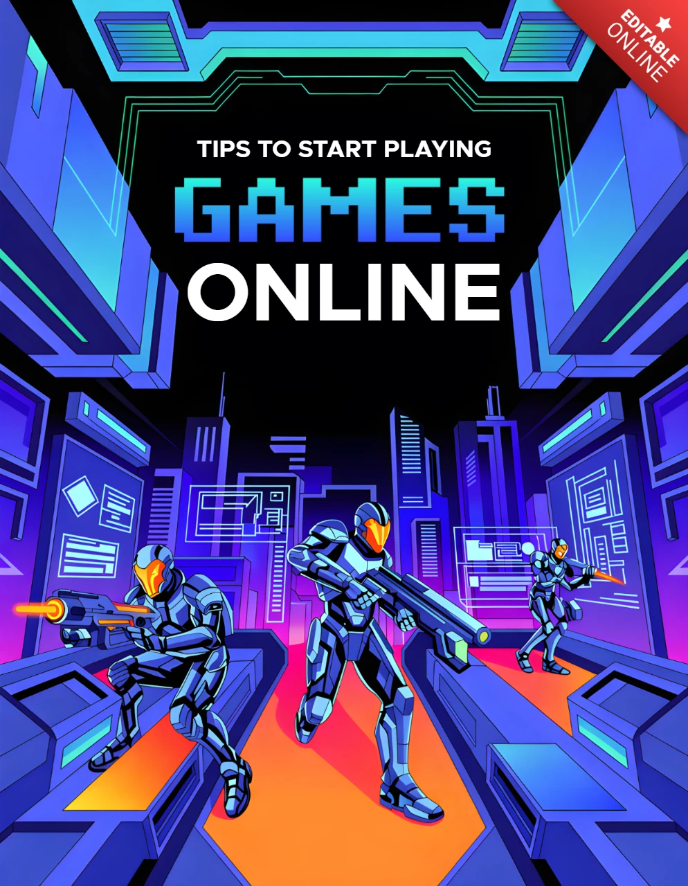 Plantilla de diseño de juegos futurista para cartel de consejos de juegos en línea
