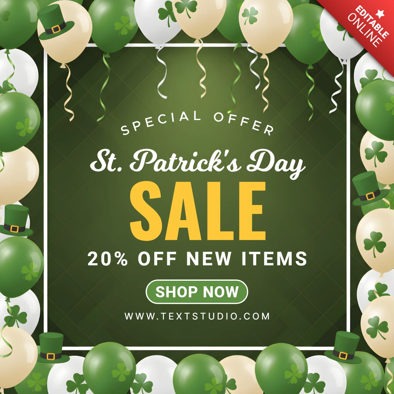 Modèle d'affiche de vente spéciale pour la Saint-Patrick avec des trèfles décoratifs et une bannière promotionnelle.
