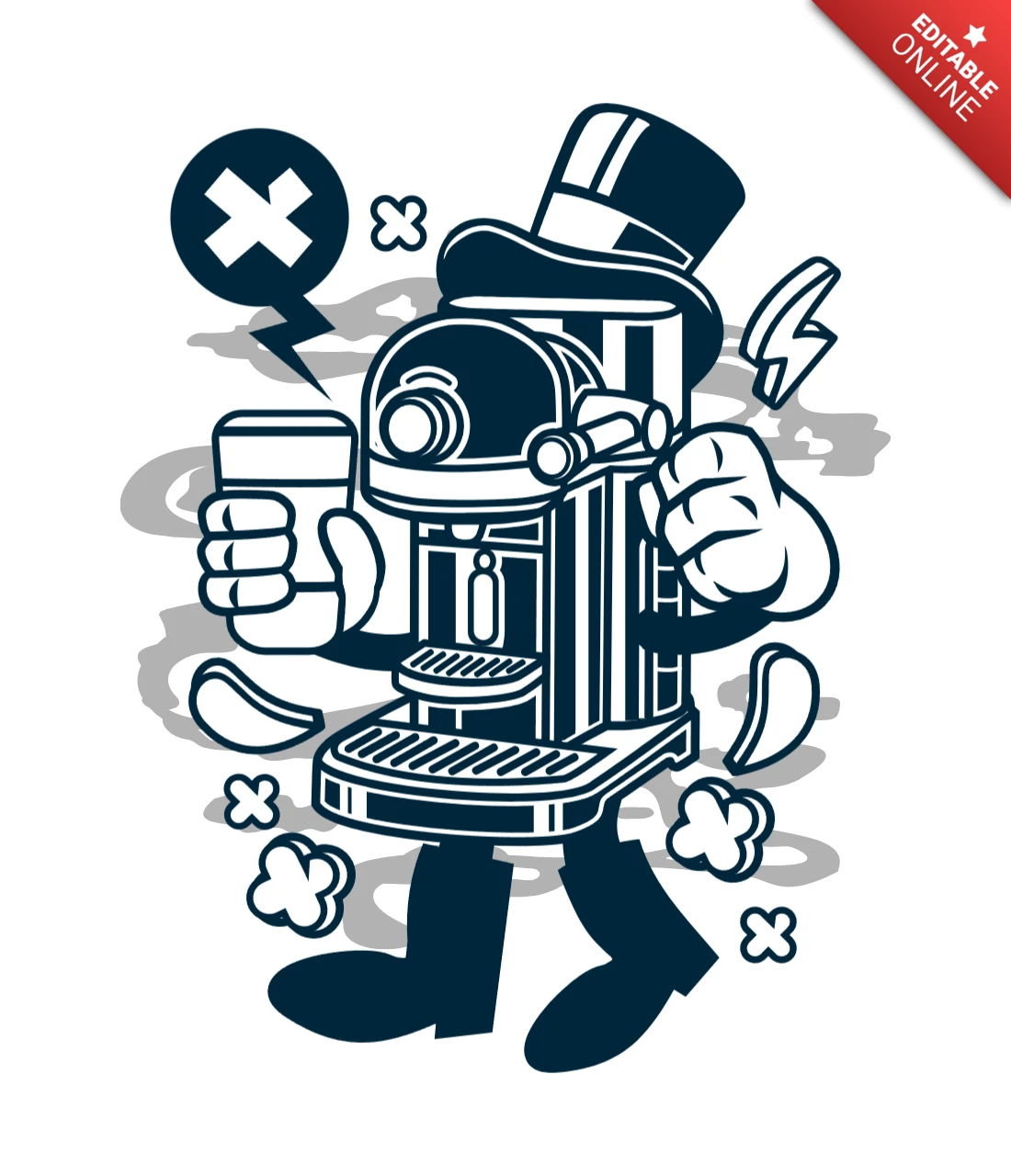 Coffee Machine Cartoon Character T-shirt Design Template