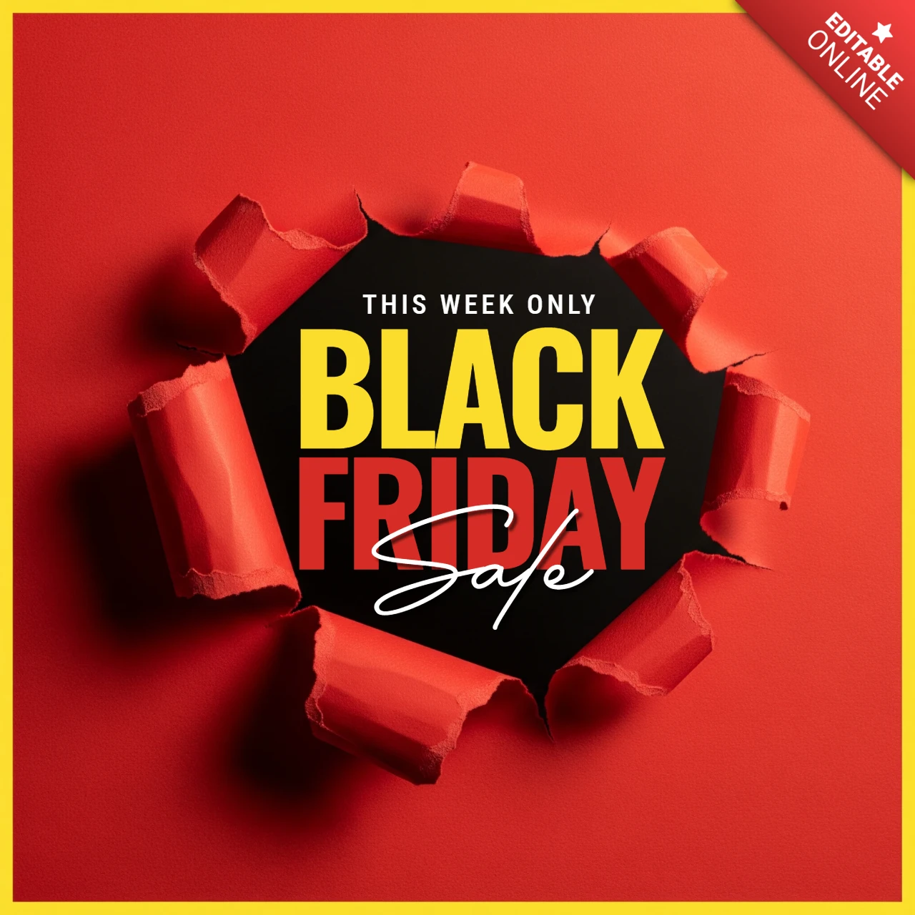 Poster del Black Friday con carta rossa strappata che rivela testo in bianco e rosso in grassetto su sfondo nero, modello di design per promozioni.