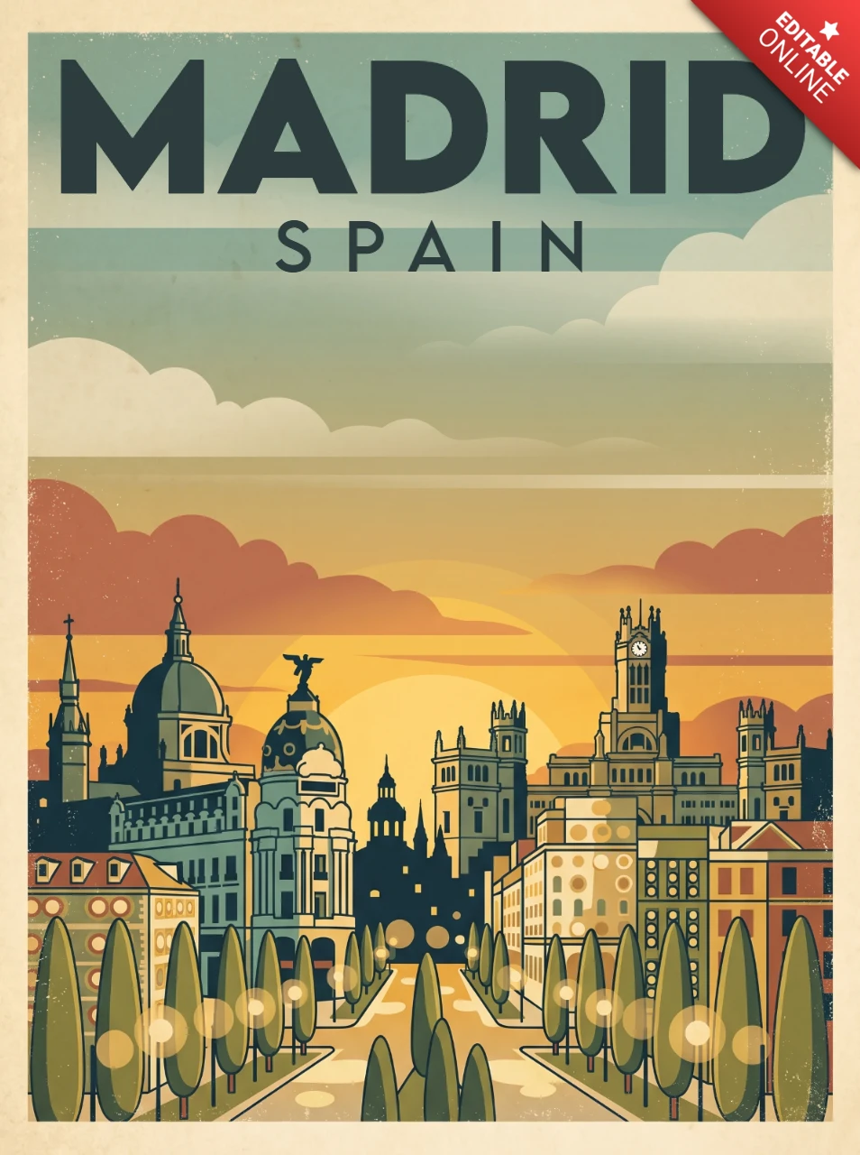 Madrid Retro Vintage Architecture Poster Spain Scenic Sunset Cityscape Avenue Domes Spires Golden Sky European Charm Illustration