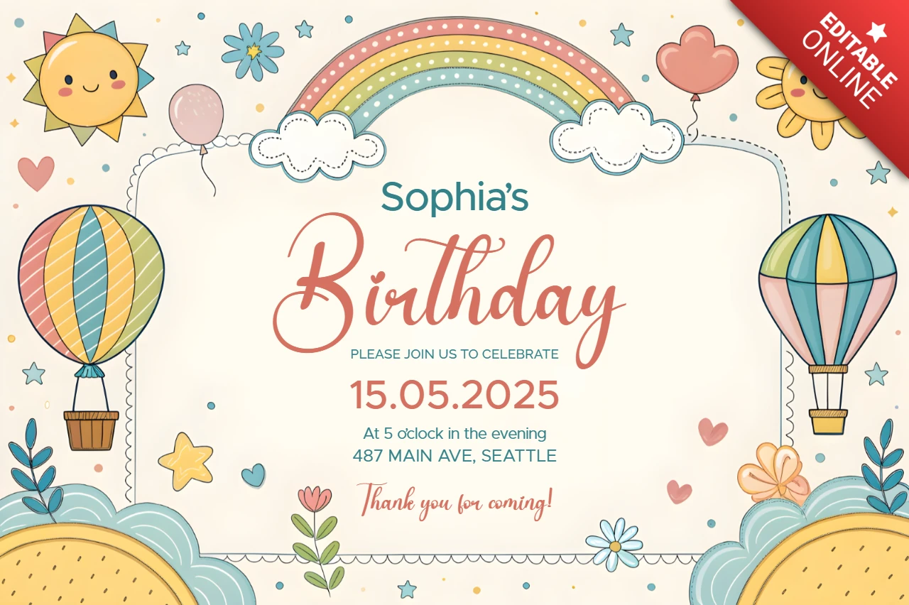 Cute Childish Birthday Invitation Template Design for Kids - Editable Greeting Card