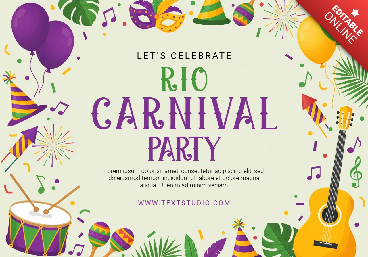 Rio Carnival Celebration Poster Colorful Festival Design with Fireworks, Maracas, and Party Hats