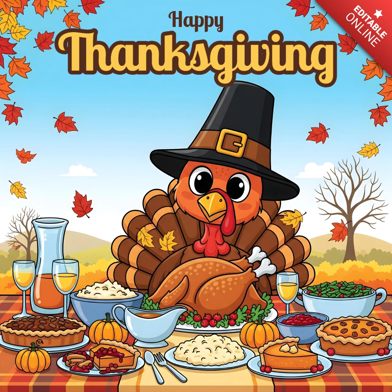 Tarjeta de saludo de Acción de Gracias, pavo caprichoso con sombrero de peregrino, banquete en el bosque y diseño de banner con mantel de cuadros rojos.
