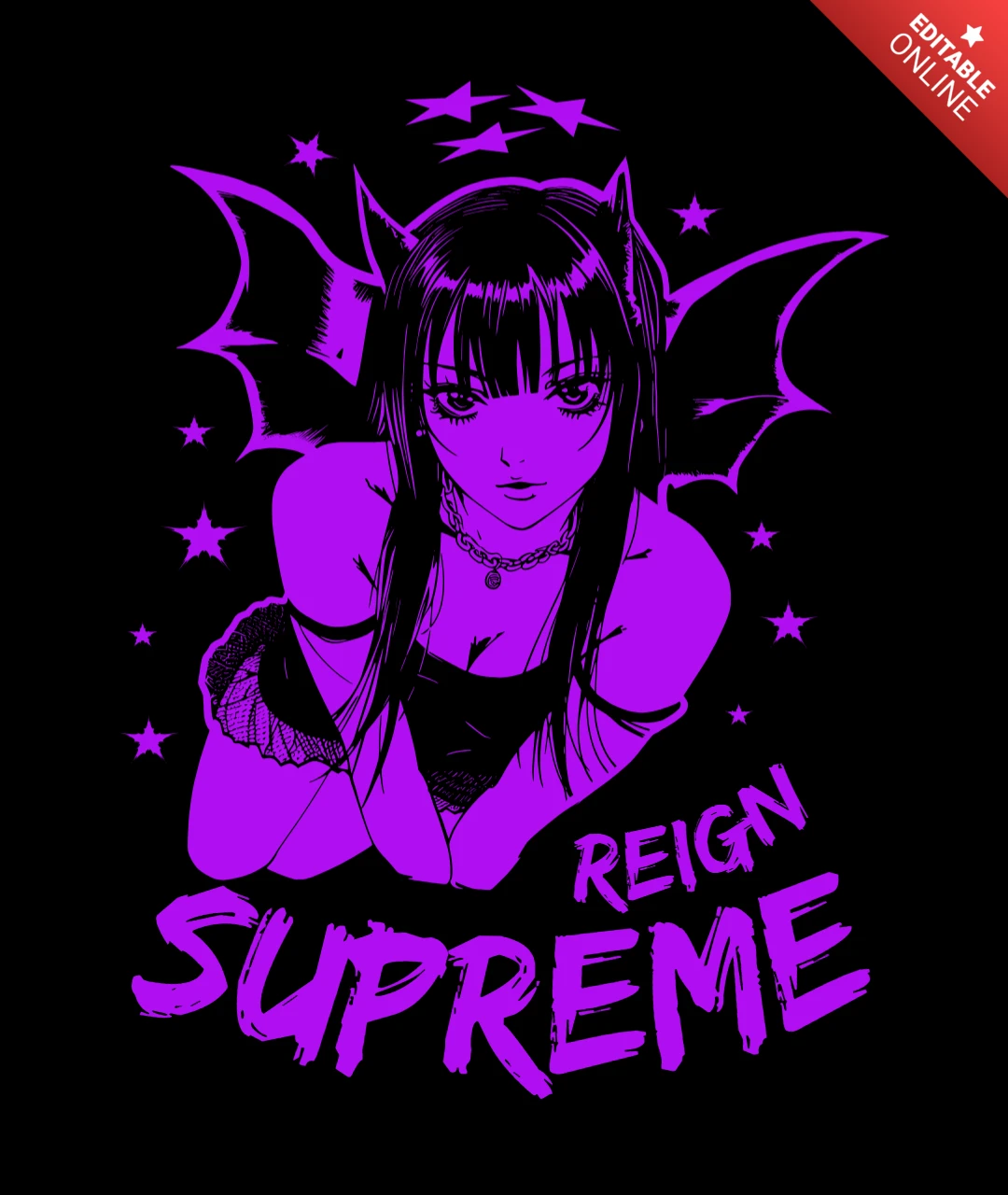Regna suprema ragazza anime gotica con ali e stelle design del t-shirt template