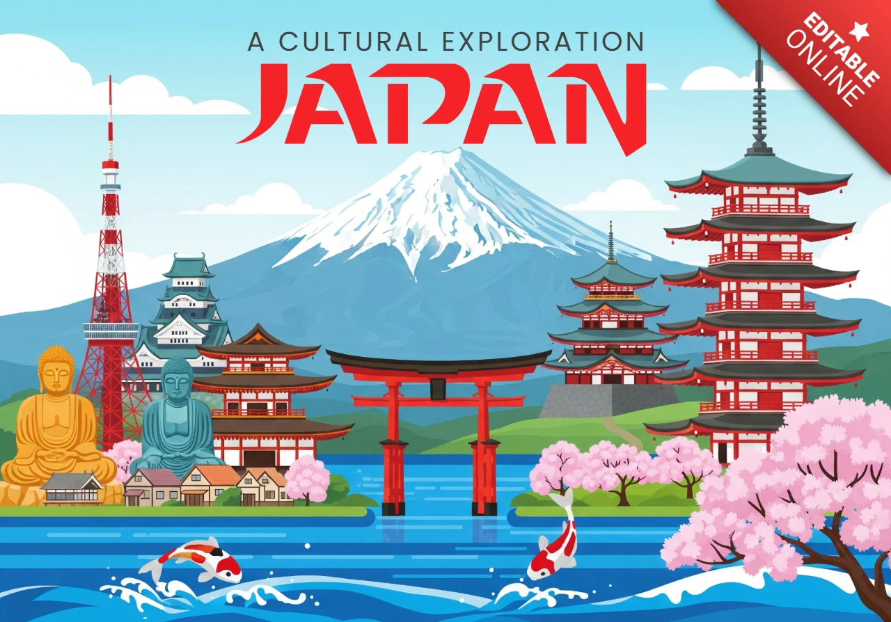 Exploração cultural Japão pôster Monte Fuji, pagodes, portões torii, flores de cerejeira e Torre de Tóquio