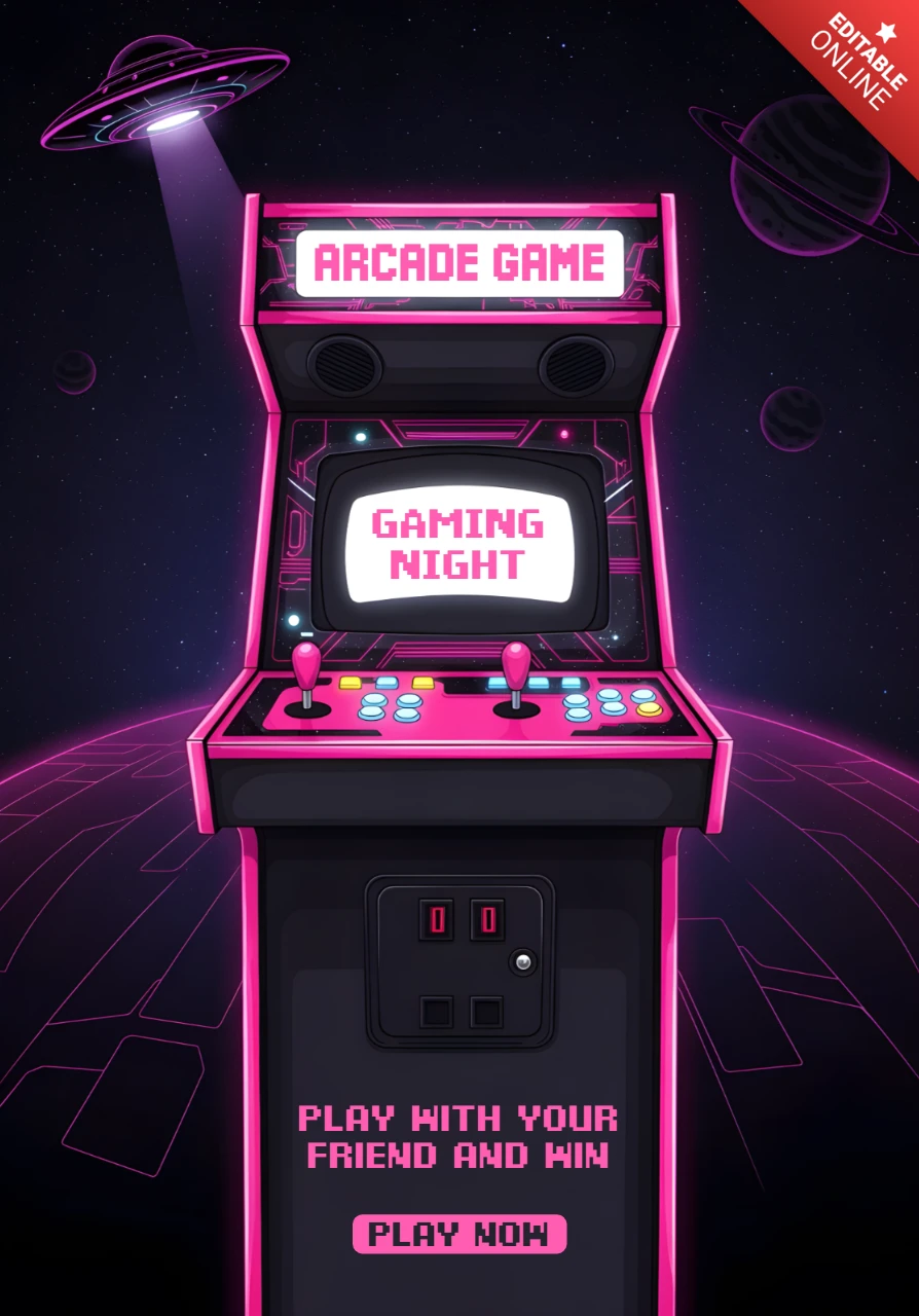 Arcade Machine and Aliens Neon Design for Game Night Brochure Template