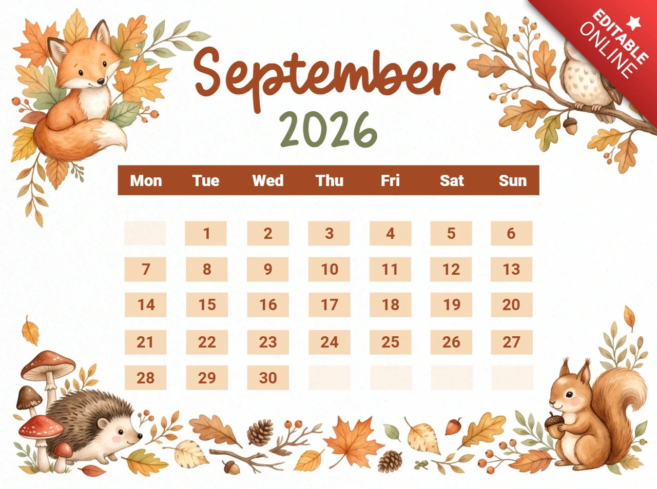September 2026 calendar page with cute forest animals like squirrels and an owl surrounded by autumn leaves and branches in a decorative hand drawn illustration style