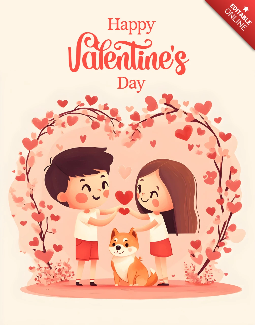 Valentine's Day Couple Illustration Template with Heart Arch and Puppy