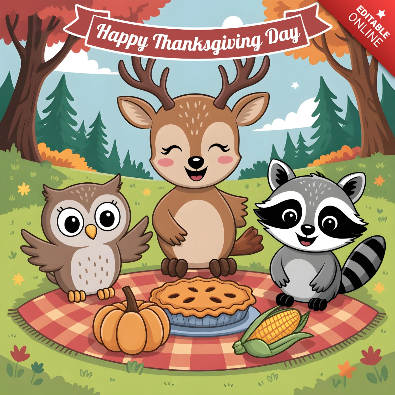 Tarjeta del Día de Acción de Gracias con búho, ciervo y mapache compartiendo tarta en una manta de picnic en un bosque de otoño, plantilla de diseño de banner.