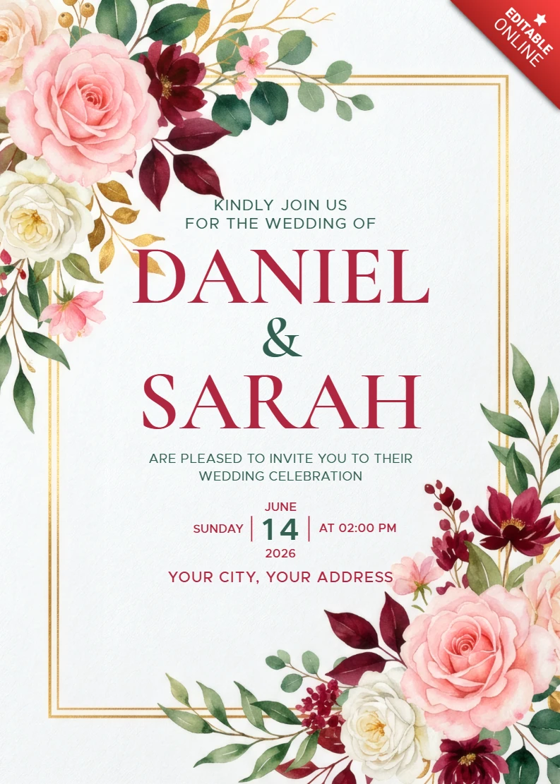Elegante florale Hochzeitseinladungskarte mit romantischem Rosenstrauß und goldenem Randdesign