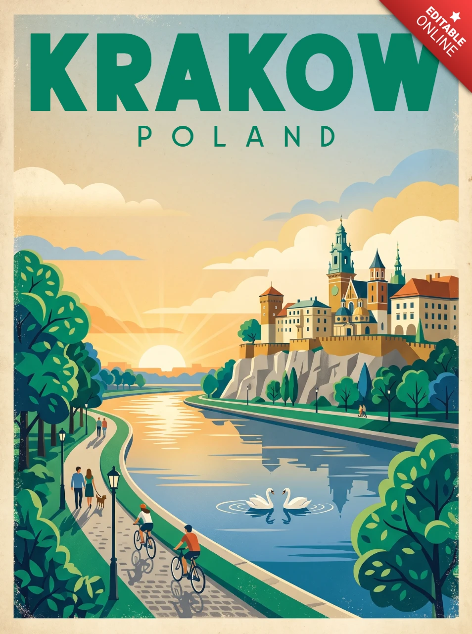 Krakow Poland Vintage Retro Travel Poster Riverside Landscape Historic Castle Towers Autumn Trees Sunset Illustration