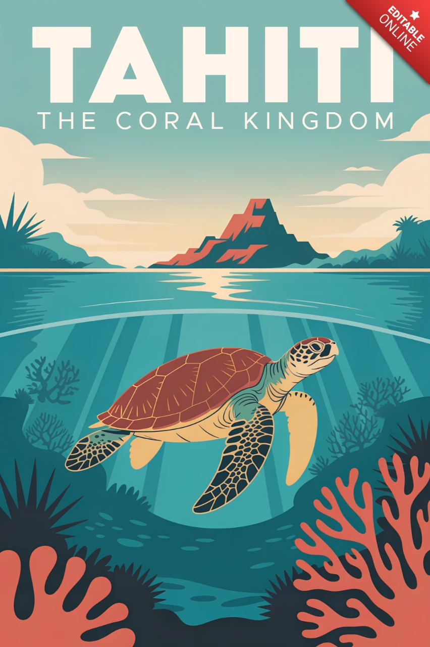 Tahiti Coral Kingdom with Turtle for Retro Flat Travel Posters and Postcards Template
