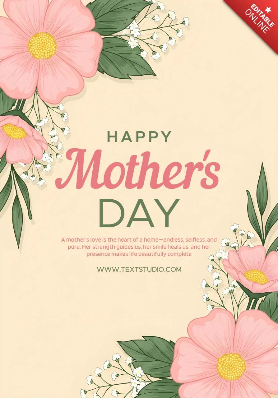 Floral Mother's Day Greeting Card Design Template with Pink Flowers