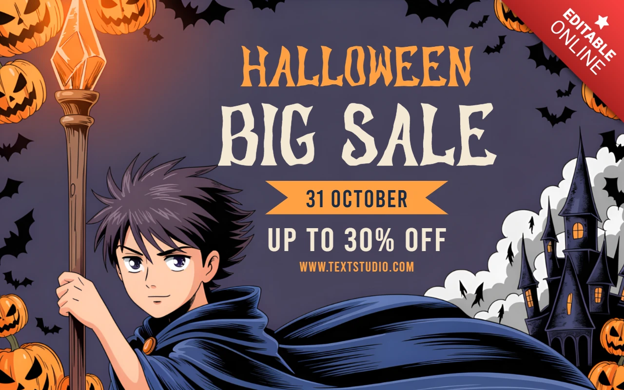Szablon projektu wyprzedaży Halloween z postacią anime i elementami dyni do ulotek promocyjnych
