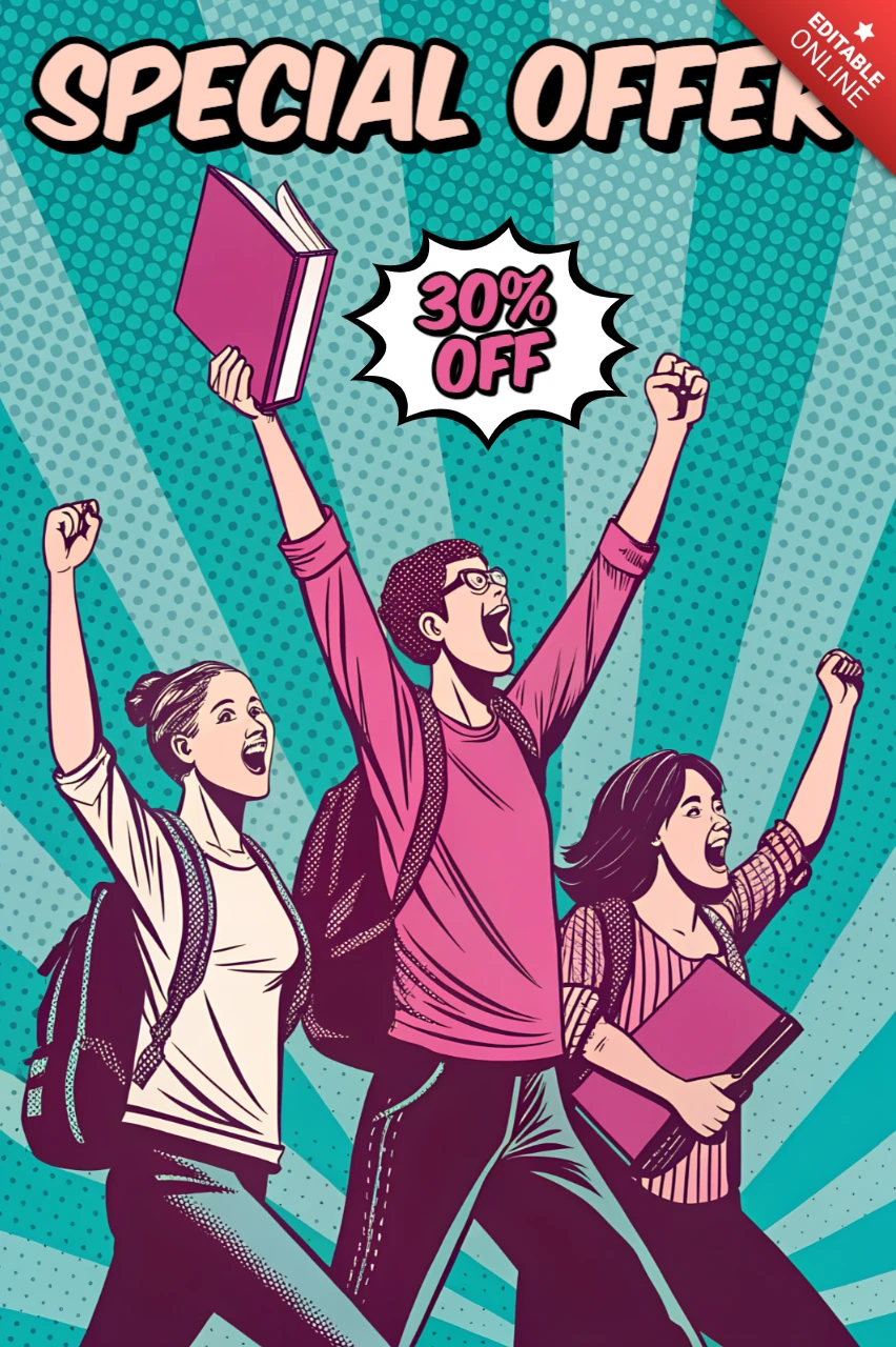 Plantilla de diseño de oferta especial de pop art para volantes promocionales con estudiantes emocionados.