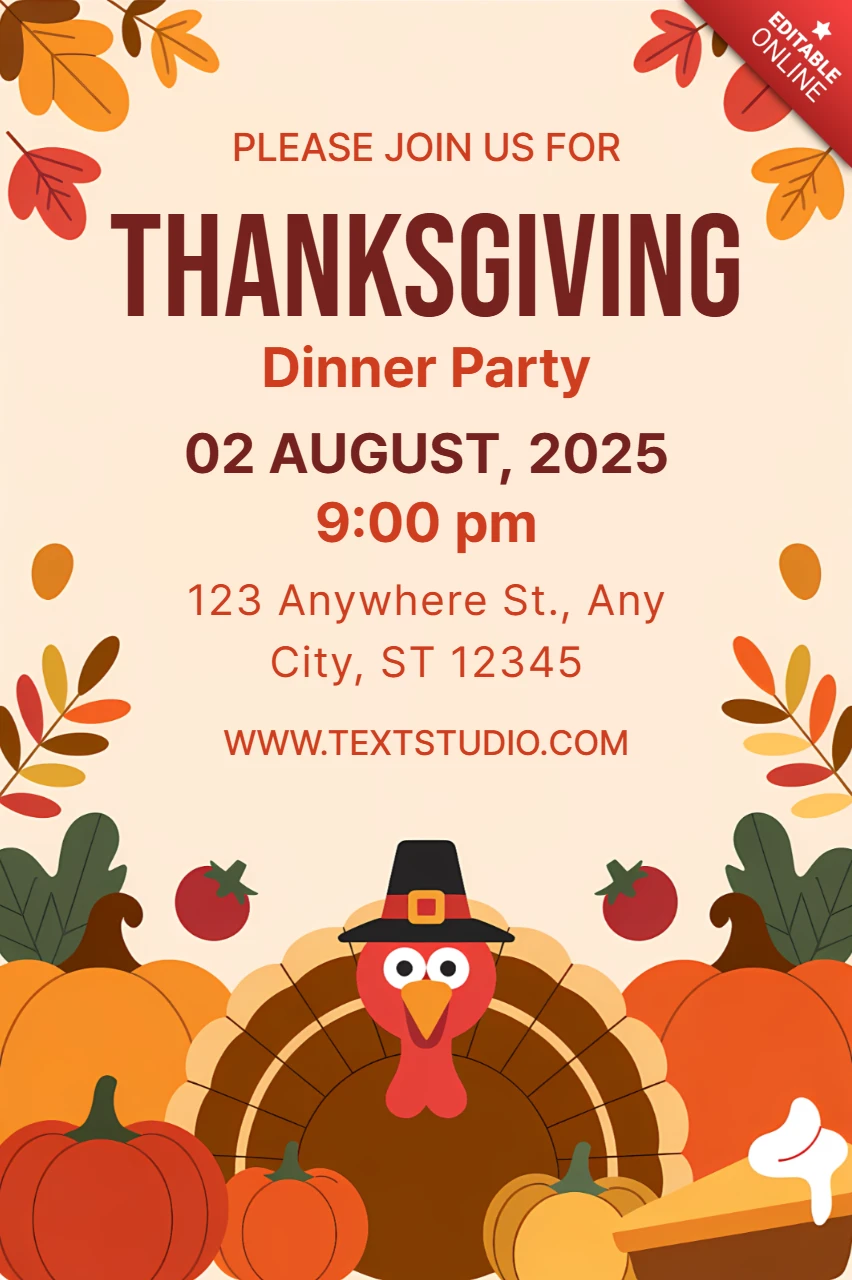 Thanksgiving Dinner Party Invitation Template with Turkey and Autumn Leaves Design