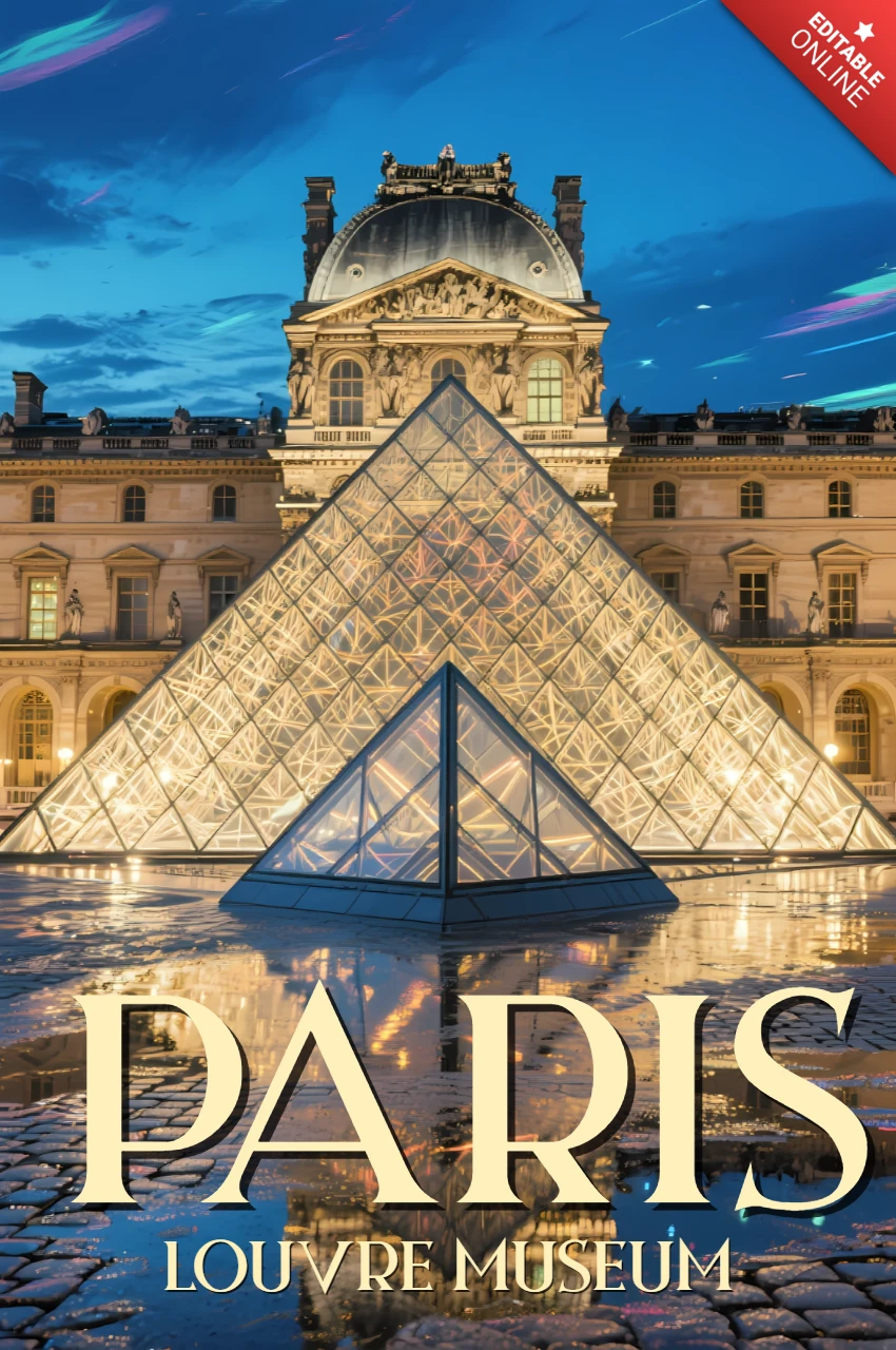 Template de design élégant pour affiches de voyage du musée du Louvre à Paris