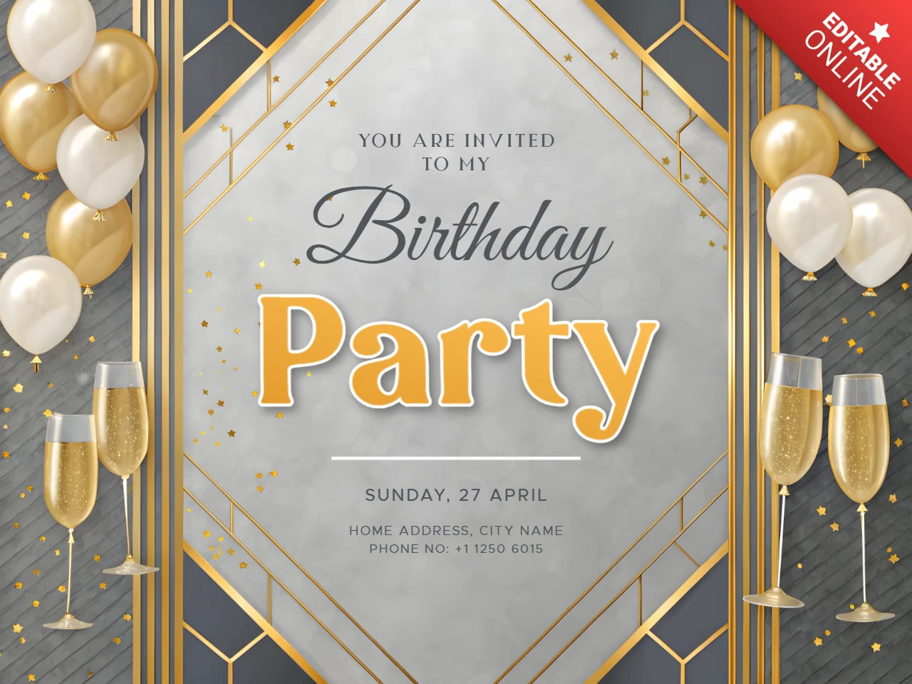 Elegant Birthday Party Invitation Template with Gold Accents