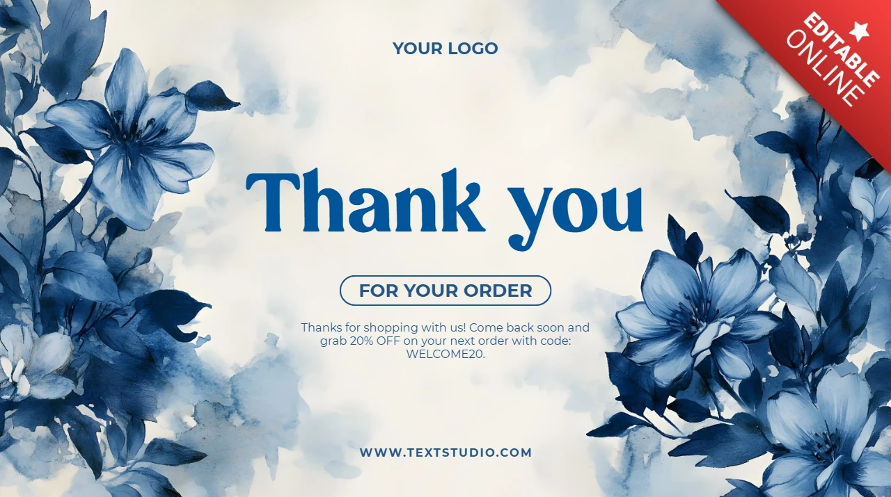 Sophisticated Blue Watercolor Floral Thank You Order Card Design Template