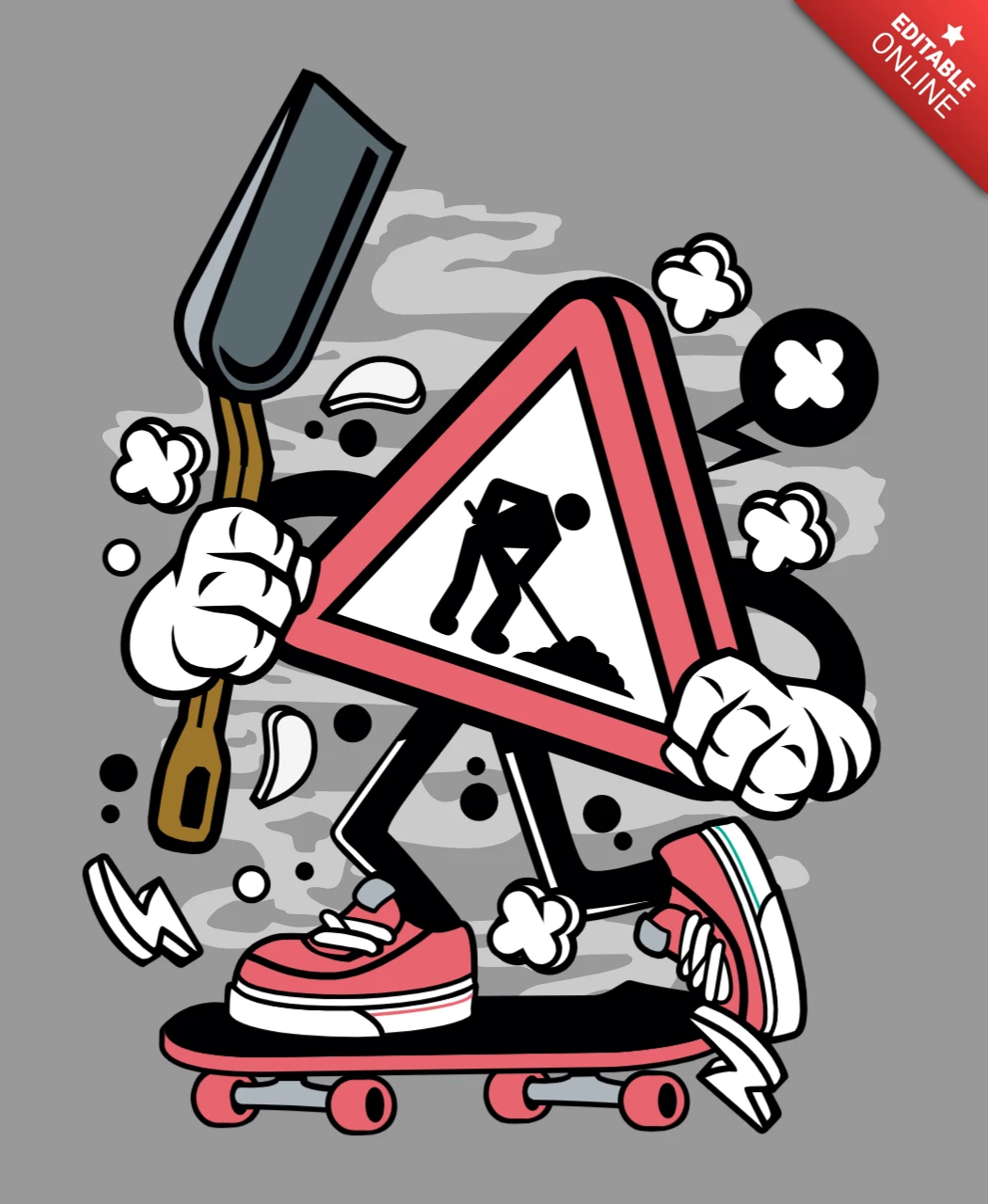 Plantilla de diseño de póster de personaje de dibujos animados de patinador en construcción