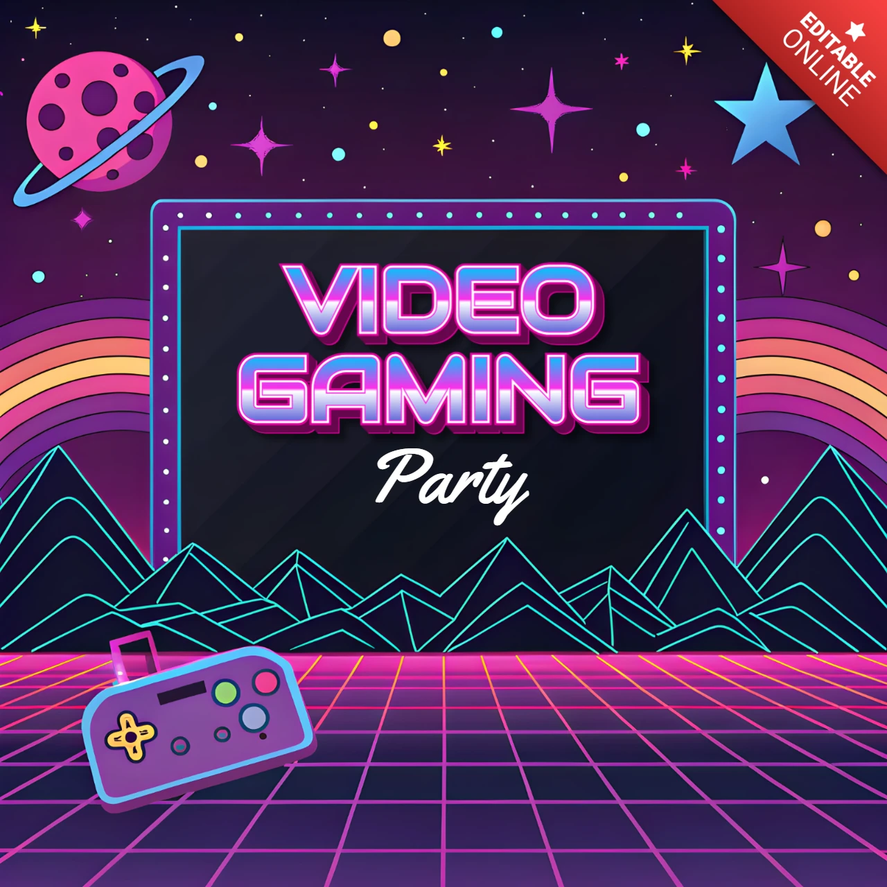 80er retrowave neon design für nostalgische gamer-party-einladungsvorlage