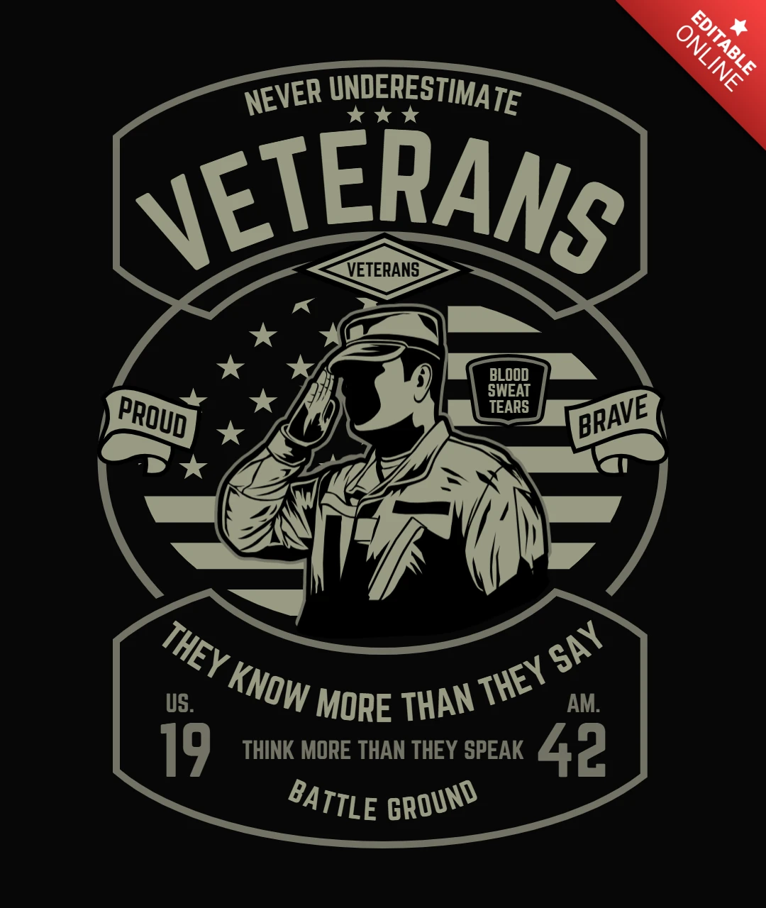Never Underestimate Veterans T-Shirt Design Template