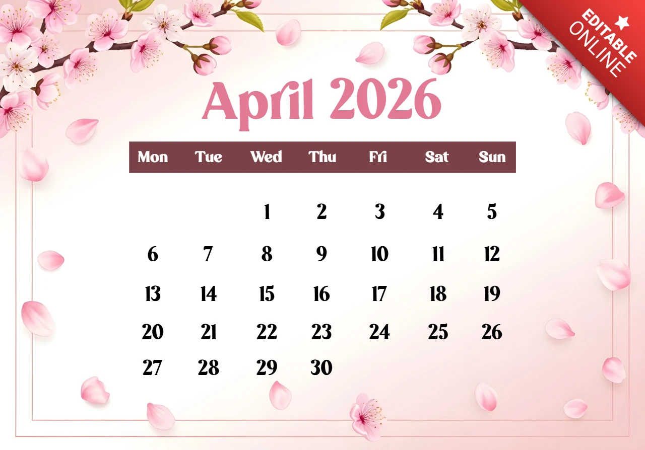 Póster del calendario de abril de 2026 — flores de cerezo, pétalos y tema decorativo de primavera en rosa pastel