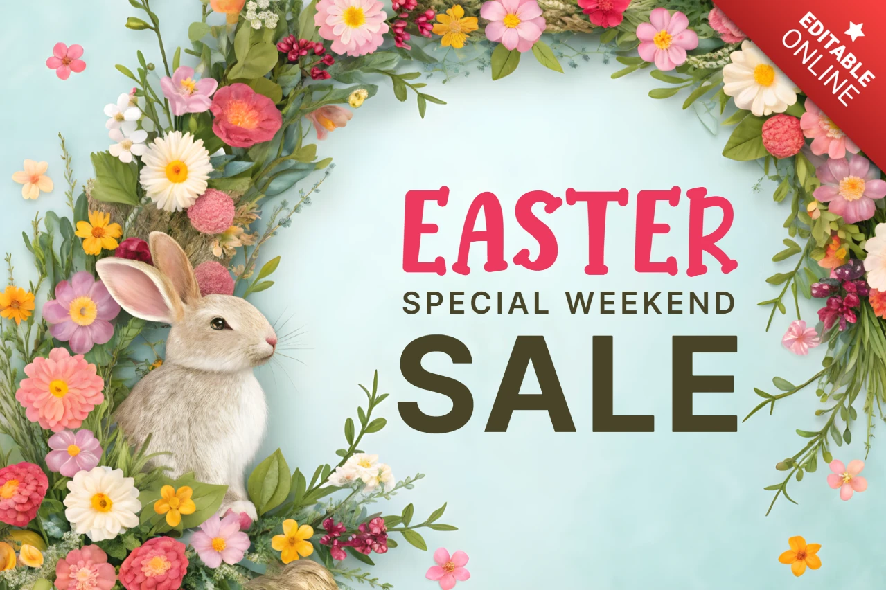 Modèle de vente florale de Pâques avec lapin et fleurs
