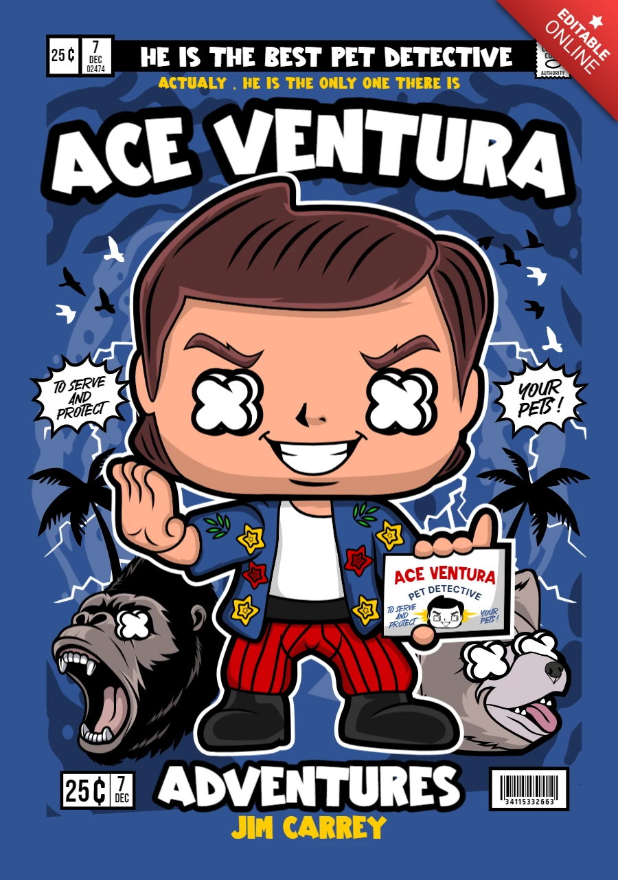 Ace ventura Cartoon Character Magazine Cover Design Template